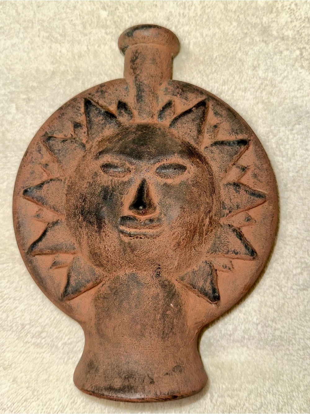 Vintage Mexican Folk Art Terracotta Clay Sun Face Canteen Flask Pottery Decor